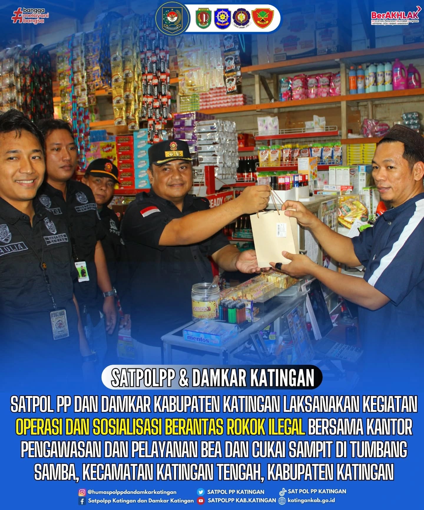 Satpol Pp Dan Damkar Kabupaten Katingan Laksanakan Kegiatan Operasi Dan Sosialisasi Berantas Rokok Ilegal Bersama Kantor Pengawasan Dan Pelayanan Bea Dan Cukai Sampit Di Tumbang Samba, Kecamatan Katingan Tengah, Kabupaten Katingan